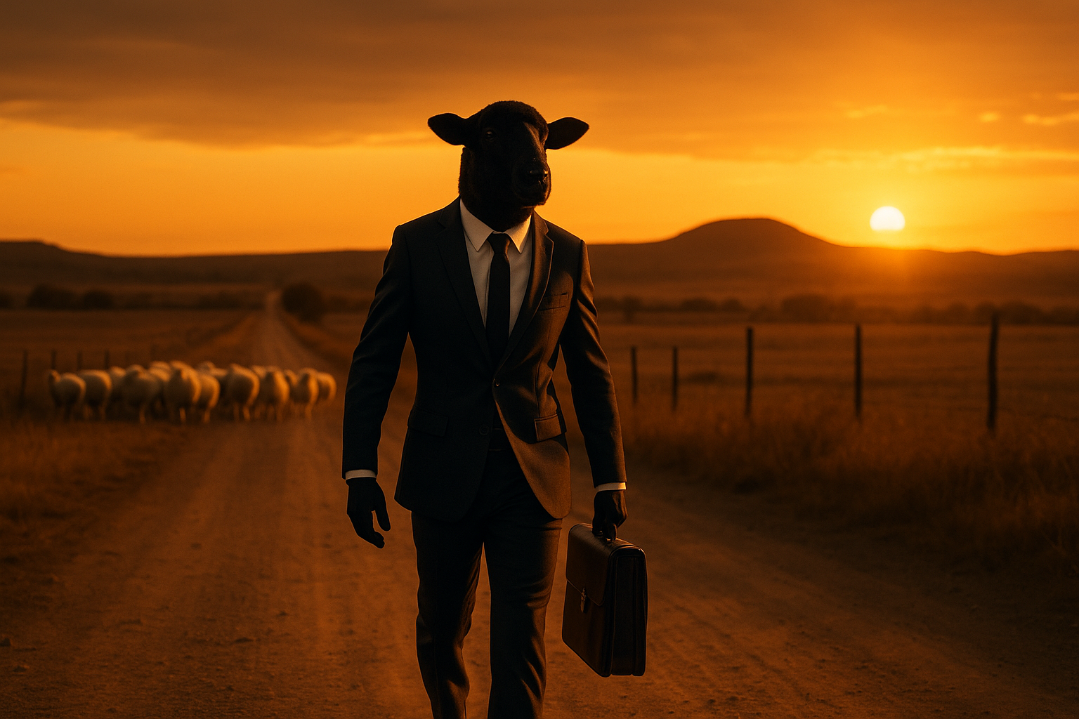 A black sheep in a tailored suit walking down a Texas road at sunset