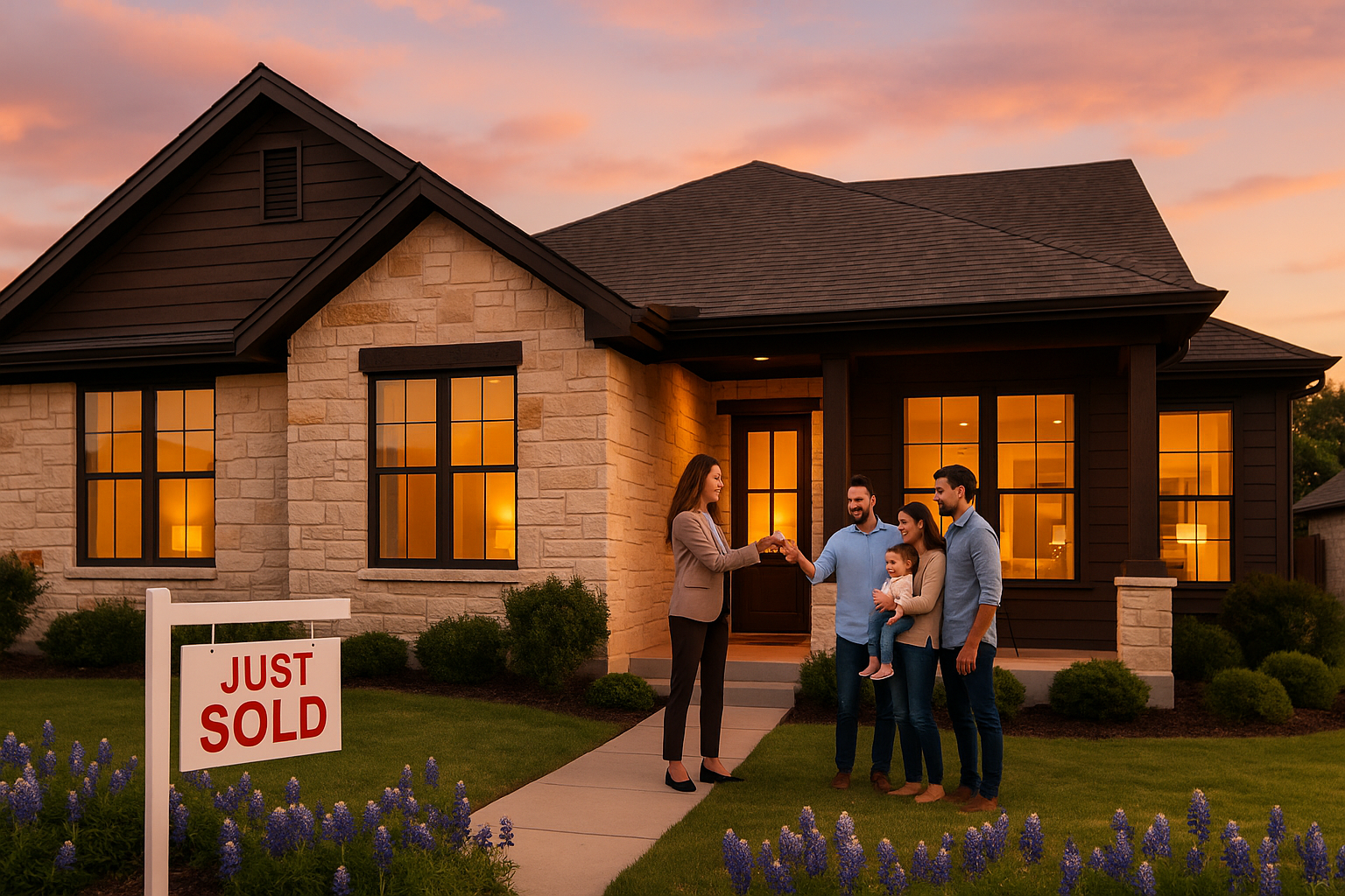 A Texas family receiving keys to their new home at golden hour